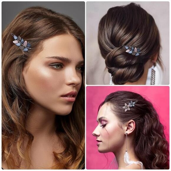 2Pcs 2inch Vintage Rhinestone Hair Barrettes Pink Gray Small Flower Clips - Picture 2 of 6